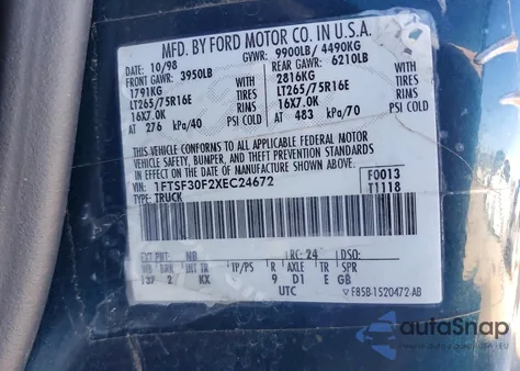 1999 Ford F350 Srw Super Duty z USA, uszkodzony, nr VIN 1FTSF30F2XEC24672